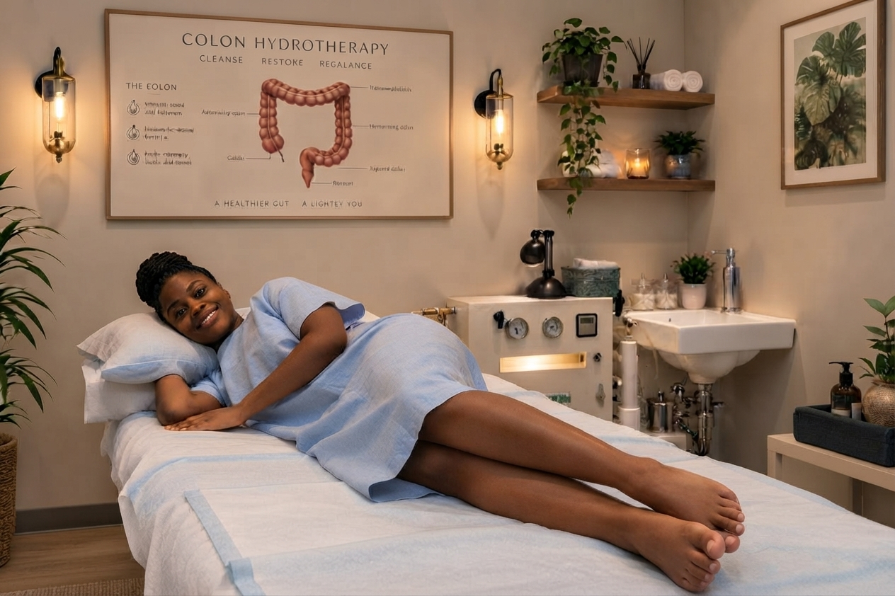 A woman resting on the couch in a colon hydrotherapy treatment room at Medilution
